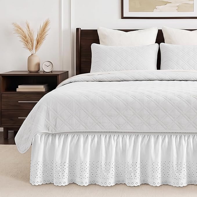 King Bed Skirt 14" Drop, Elastic Wrap Eyelet Embroidery Dust Ruffle, White | Hides Underbed Storage, No Mattress Lifting, Elastic Stays Put, Soft Fabric, Machine Washable, Polished Look