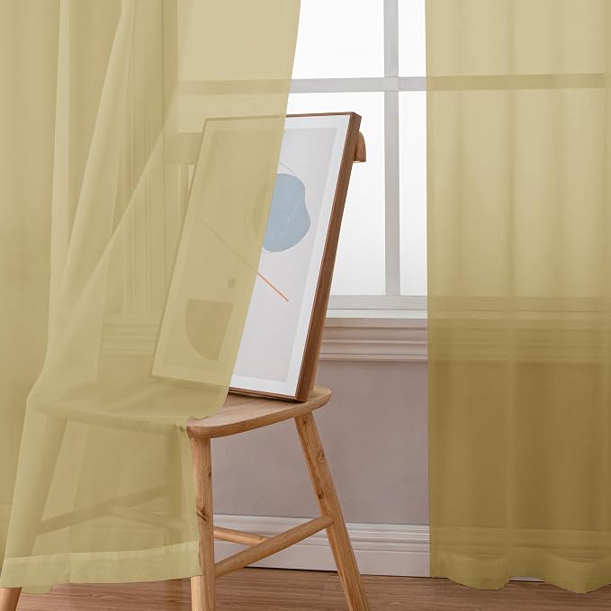 Simplebrand Gold Sheer Curtains 120 Inches Long, Extra Long Rod Pocket Solid Color Window Sheer Curtain Panels, Elegant Curtains & Drapes for Living Room, Bedroom 2 Panels (Gold, 59" W x 120" L)