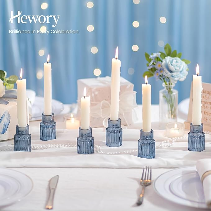 Hewory Glass Candlestick Holders Bulk, 10 PCS Blue Taper Candle Holders | For 0.86" Taper Candles, Ribbed, Vintage Candle Sticks Holder Decor, Wedding Table Centerpiece Baby Bridal Shower Party Gift