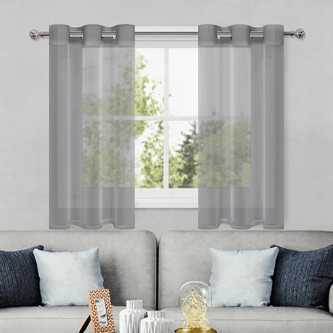 DWCN Sheer Curtains, Grommet Top Grey Faux Linen Look Voile Semi Transparent Solid Window Sheer Curtains Drapes for Bedroom Living Room, Set of 2 Panels 36 x 54 Inch Long, Grey