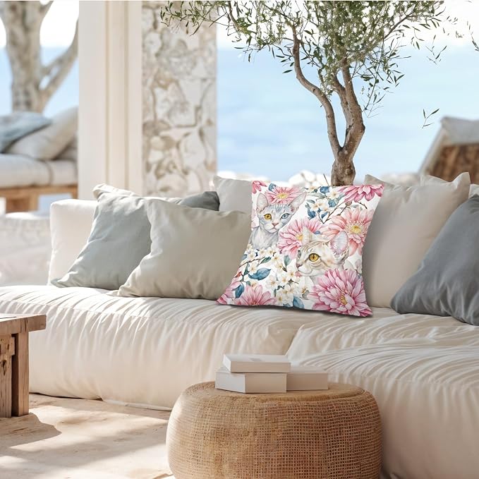 Vintage Pink Floral Cat Pillow Covers 18x18, Cottagecore Room Decor, Retro Chrysanthemum Flower White Cat Decorative Throw Pillow Covers Pillowcases for Bedroom Living Room Home Decor