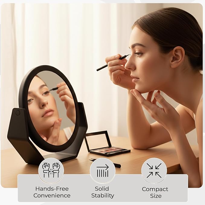Danielle Creations Round Soft Touch Vanity Mirror, Black Matte, 1X/10X Magnifying Makeup Mirror, Tabletop & Desk Mirror for Bathroom, Bedroom, Portable Beauty Use