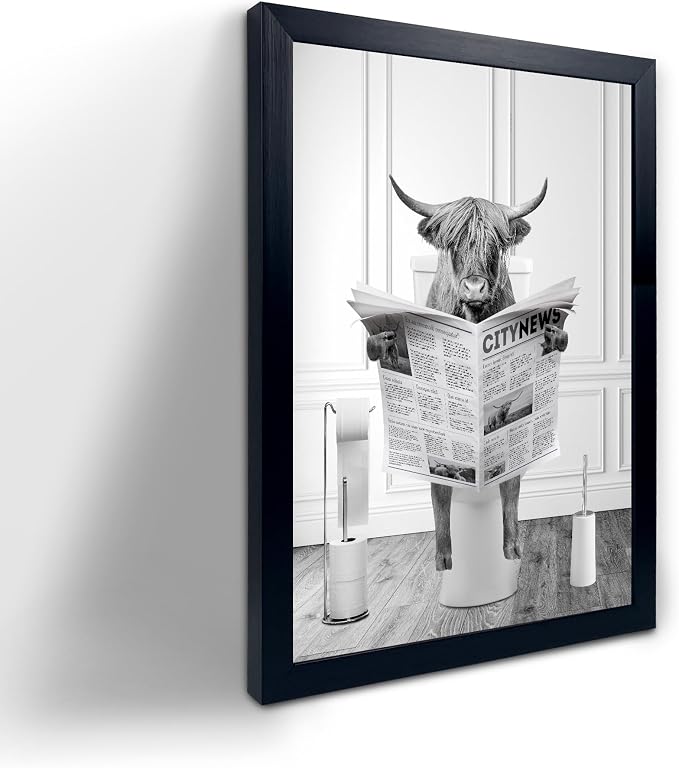 Black Framed Bathroom Decor - Funny Highland Cow Wall Art in Bathtub, Black and White Canvas Cow In Bathroom Picture, Humor Animals Bathroom Artwork Prints, Wall Decor Ready To Hang for Living Room,