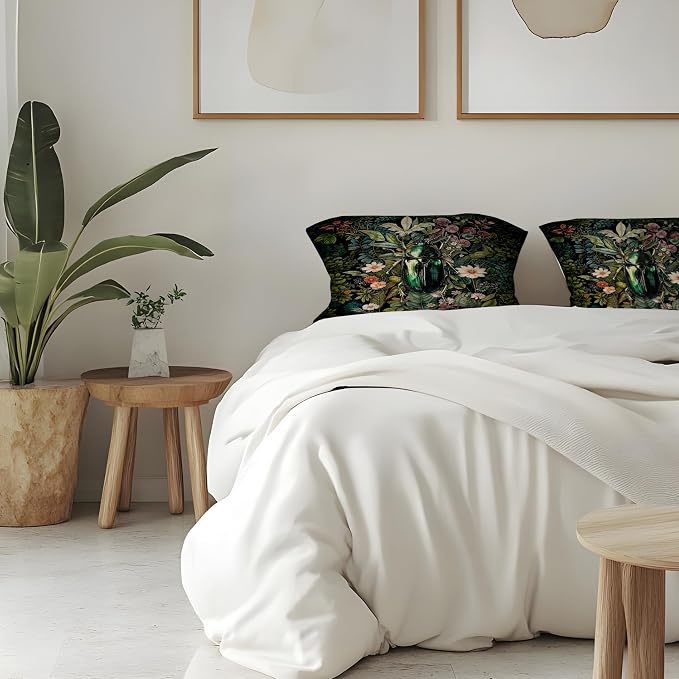 Vintage Green Botanical Beetle Pillow Covers 18x18, Dark Cottagecore Decor, Dark Academia Gothic Moody Insect Decorative Throw Pillow Covers for Home Bedroom Living Room