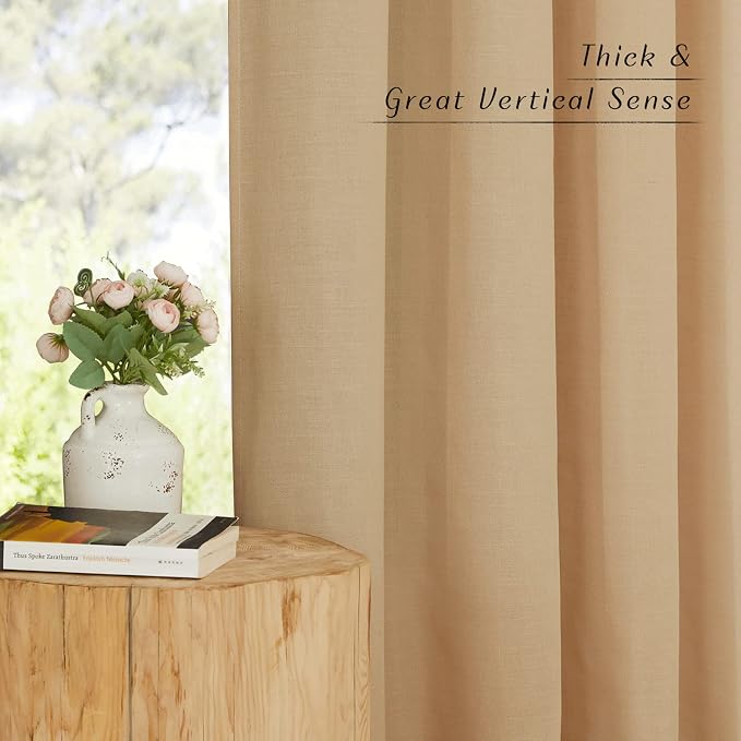 NICETOWN Linen Blend Living Room Curtains 84 inch Long 2 Panels Set, Rod Pocket & Back Tab Privacy Added Thick Flax Semi Sheer Window Curtains & Drapes for Bedroom/Farmhouse, Burlap, W55 x L84