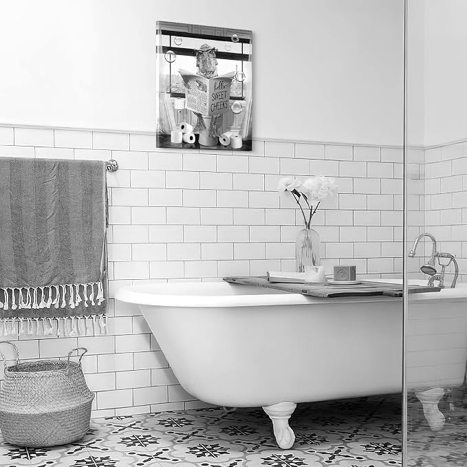 Funny Dinosaur Wall Art Black and White Bathroom Print Farmhouse Bathroom Animals Wall Decor Dinosaur Sitting in Toilet Reading Newspaper Painting Framed Artwork for Toilet 16x20 inch