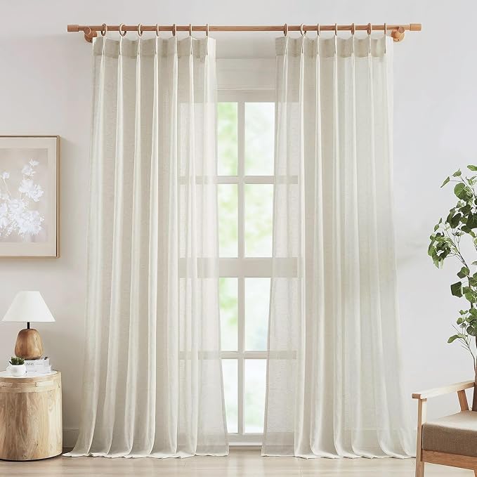 FMFUNCTEX Beige Linen Pinch Pleated Sheer Curtains, 96 Inches, 2 Panels | Natural Semi Sheer Drapes, Flax Linen, Rod Pocket, Light Filtering, Farmhouse French, Kitchen, Privacy, for Living Room