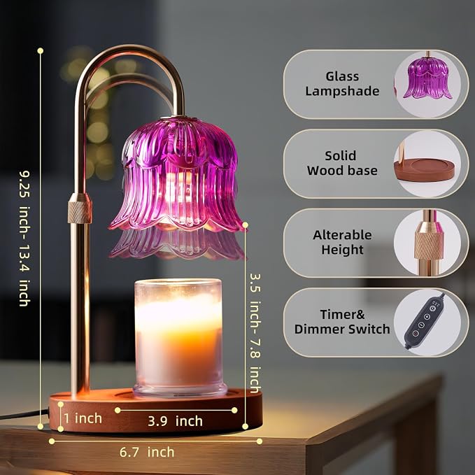 Candle Warmer Lamp with Timer: Dimmable Candle Warmer Lamps Height Adjustable Purple Flower Candle Lights