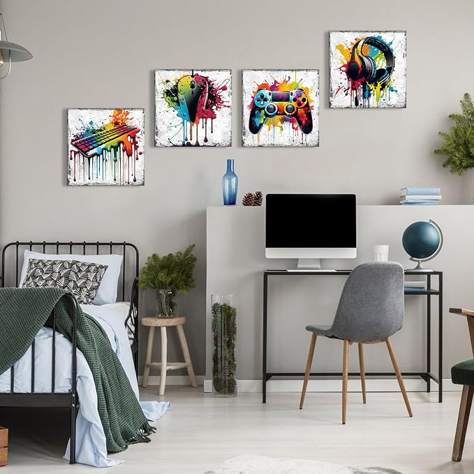 Banksy Gaming Wall Art Game Room Decor for Boys Graffiti Gamer Playroom Wall Decor Cool Gamepad Headphones Canvas Pictures Street Pop Painting Modern Artworks Bedroom Home Decorations 16x16" 4 Pieces