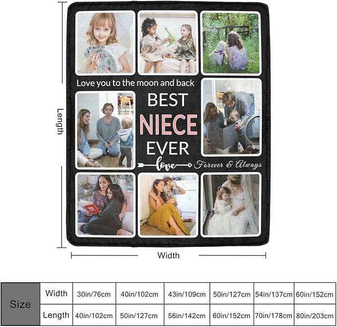 Customized Blanket with Photo, Make a Personalized Blankets with Pictures Customizable Memories Souvenir Throws Blanket Gift for Best Niece Ever, Forever & Always, 8 Collage Made in USA