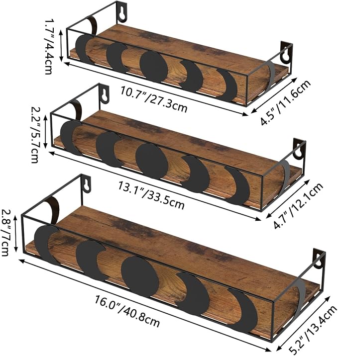 PHAREGE Black and Brown Moon Phase Floating Wall Shelves Set of 3