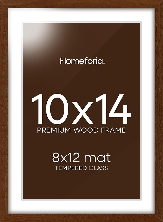 Homeforia 10x14 Brown Oak Picture Frame, High-End Wood, 8x12 Mat, Glass