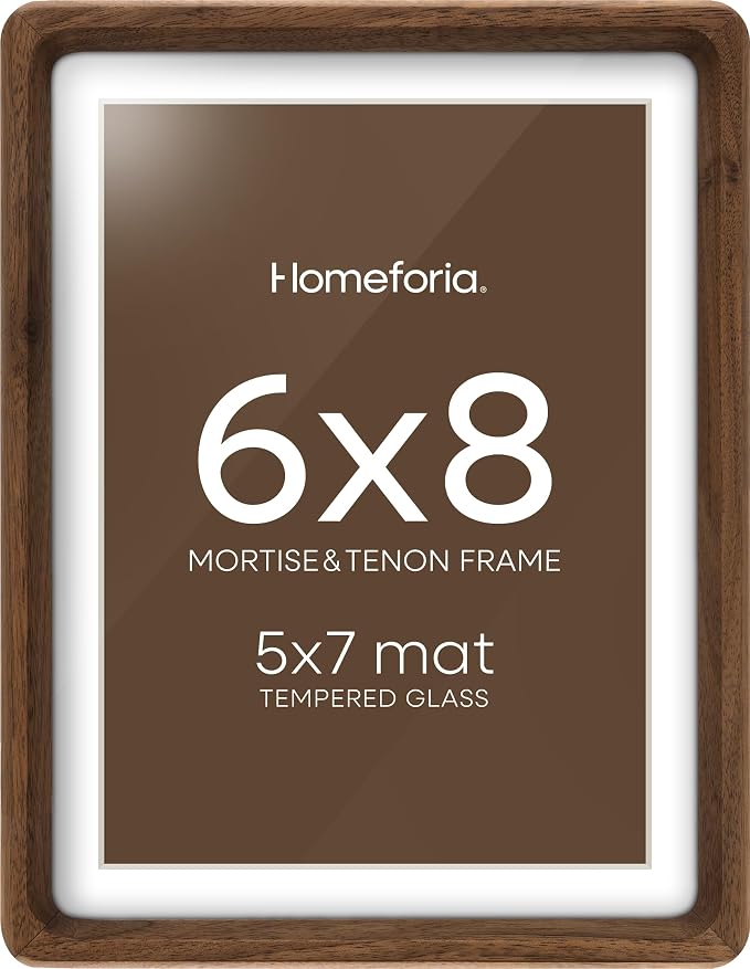 Homeforia 6x8 Mortise&Tenon Walnut Picture Frame, 5x7 Mat, Glass