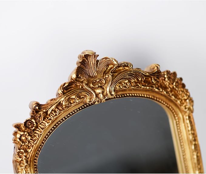 Small Decorative Arched Mirror, Vintage Gold Resin Frame, 6.8 x 10 inches, Wall or Tabletop (Vintage Gold, 6.8 X 10 inches)