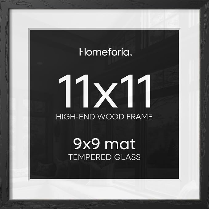Homeforia 11x11 Black Oak Picture Frame, High-End Wood, 9x9 Mat, Glass