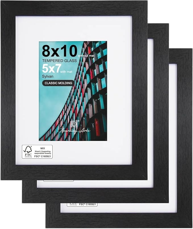 Boarding 8x10 Picture Frame-Black,5x7 Mat,Tempered Glass,Engineered Wood
