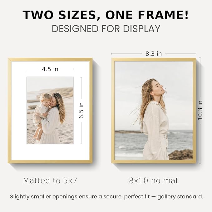 8x10 Photo Frame Gold, Aluminum Metal 8 x 10 Frame with Removable Mat, 8 by 10 Gold Picture Frame Matted to 5x7 Photo, Real Tempered Glass for Home and Office Gallery Wall, 1 Pack