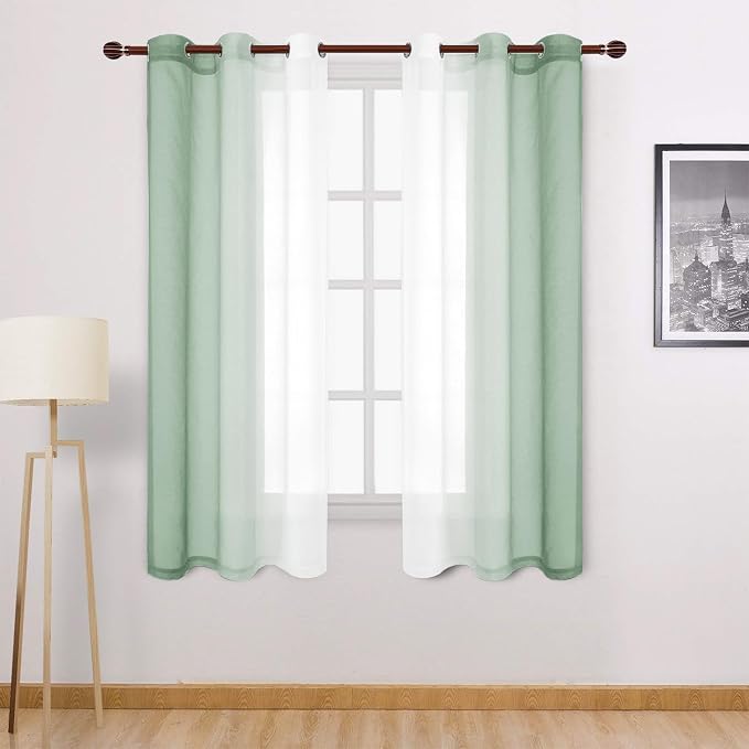 DWCN Light Sage Faux Linen Ombre Sheer Curtains - Gradient Semi Voile Curtains for Bedroom and Living Room, Set of 2 Grommet Top Window Curtain Panels, 42 x 63 Inches Long, Sage Green