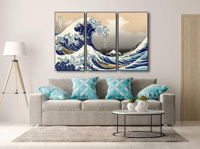 Wieco Art Large Black Aluminum Framed Art 3 Panel Great Wave of Kanagawa Katsushika Hokusai Canvas Prints Wall Art Abstract Seascape Paintings for Living Room Home Decorations