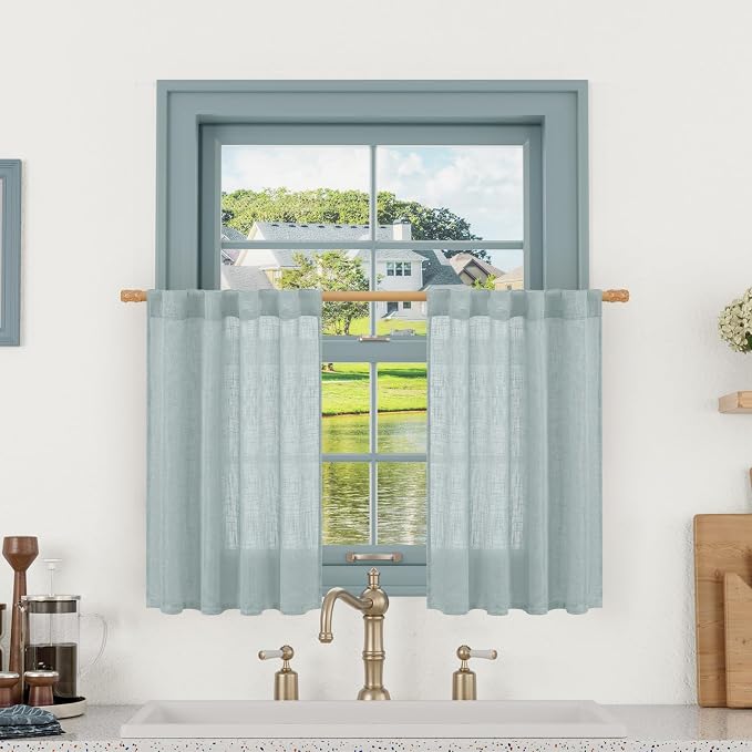 Semi Sheer Linen Curtains 36 Inch Length 2 Panels for Small Window | Light Filtering Panels, Neutral Drapes for Bathroom, Kitchen, Loft Room, Rod Pocket Back Tab, Greyish Blue, 25 x 36 Inch