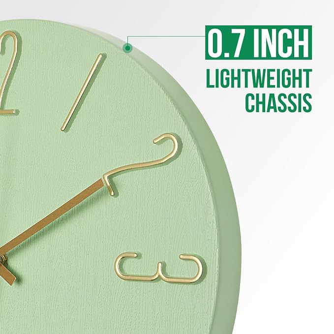 Wall Clock 12 Inch Silent Non-Ticking Imitation Wood Indoor Clock Round Green Decor Clock Modern 3D Figures Quartz Wall Clocks for Home, Hotel, Office, School