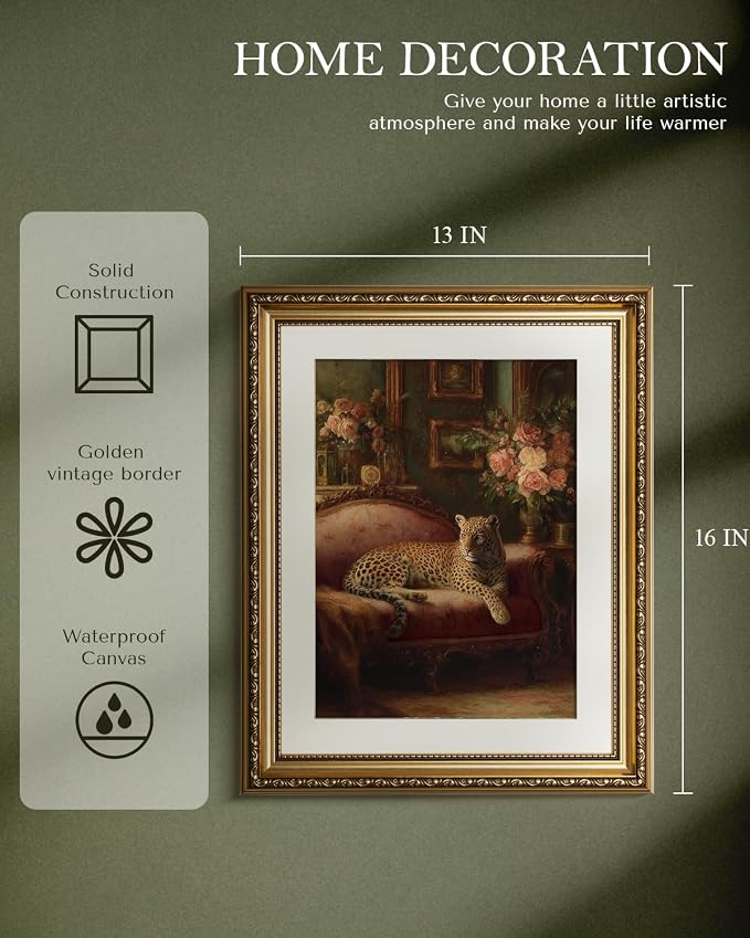 Vintage Leopard Framed Canvas Wall Art 13x16 Inch, Ornate Gold Frame Cheetah Resting on Sofa Artwork, Classic Animal Pet Oil Painting Print Traditional Living Room Bedroom Gallery Home Decor