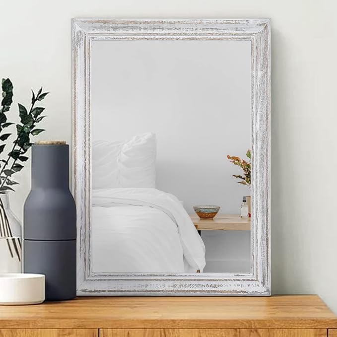 Wall Mirror with Rustic Wood Frame Rectangle Hanging Mirrors for Wall Decorative for Bathroom Bedroom Farmhouse Living Room Entryway Small