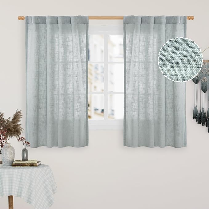 Semi Sheer Linen Curtains 48 Inch Length 2 Panels, 34 x 48 Inch | Light Filtering Panels, Rod Pocket Back Tab, Neutral Drapes for Kitchen, Small Window, Loft Room, Greyish Blue, 2 Panels