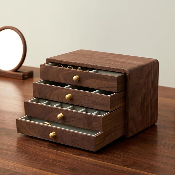 Wooden Jewelry Box for Women Men, 4 Drawers | Velvet Lined Organizer, Large, Solid Black Walnut Brass Handles, For Rings, Necklaces, Earrings