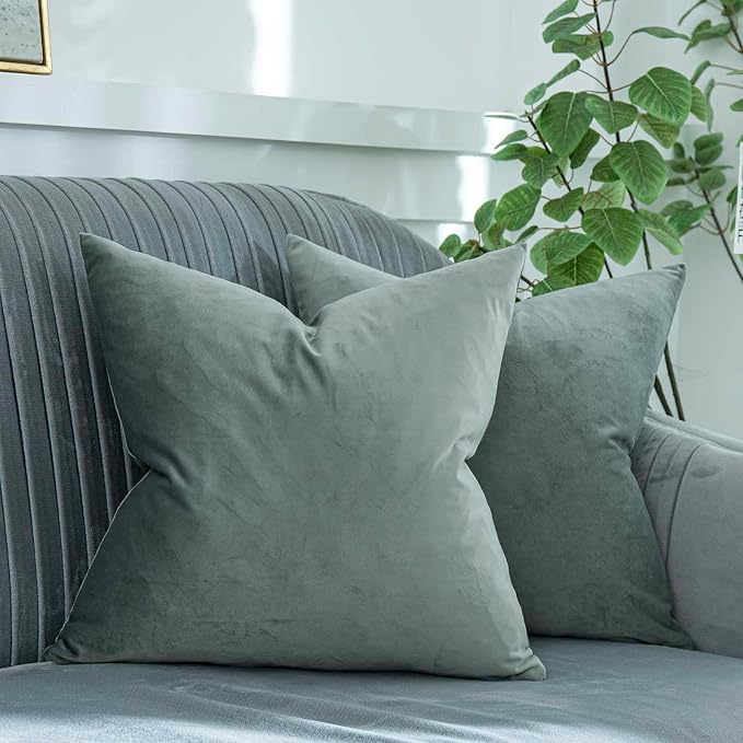 Eucalyptus Decorative Velvet Throw Pillow Covers 14x14 inch Set of 2 with Zipper Luxury Soft Solid Square Cushion Covers Case for Sofa Couch Bed Living Room