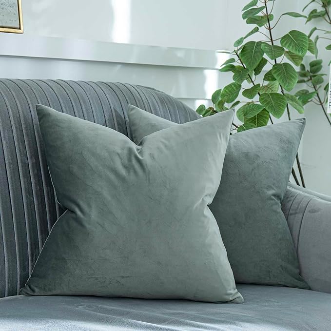 Eucalyptus Decorative Velvet Throw Pillow Covers 16x16 inch Set of 2 with Zipper Luxury Soft Solid Square Cushion Covers Case for Sofa Couch Bed Living Room