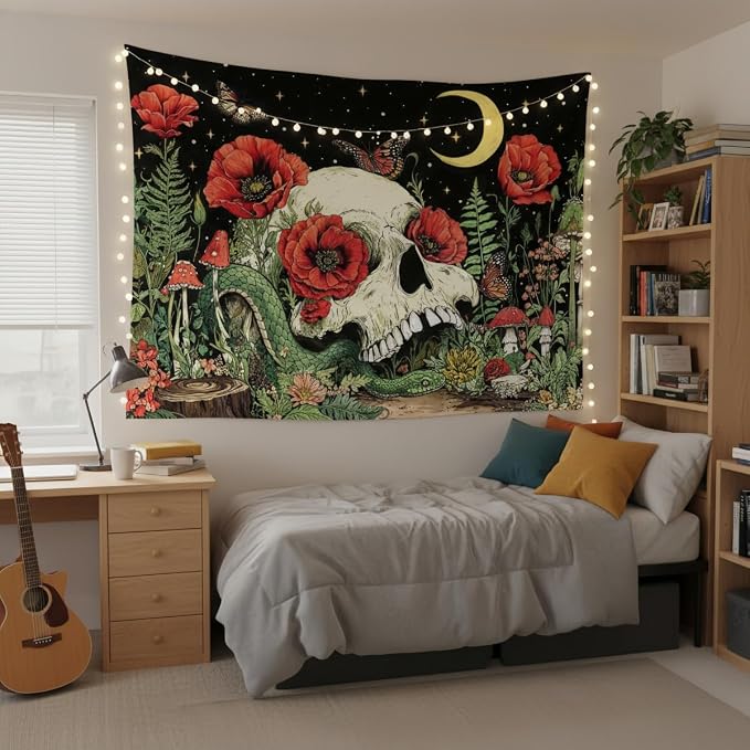 Accnicc Floral Skull Tapestry Vintage Flower Gothic Skeleton Tapestries Wall Hanging Mushroom Butterfly Plant Snake Horror Large Tapestry for Bedroom Living Room Dorm 80 x 60 inch