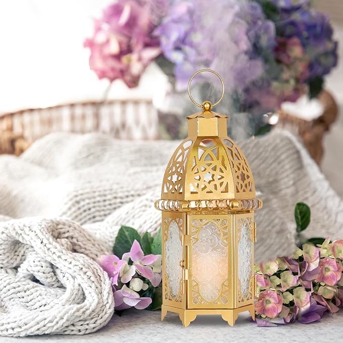 Moroccan Lanterns Decorative Indoor & Outdoor, 12.8’’ Medium Size Golden Metal Hanging&Tabletop Candle Holder Decor, Halloween Christmas Ramadan Decorations for Home Porch Patio (Golden)