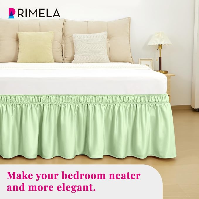 Baby Green Bed Skirt Queen Size 15" Drop, Elastic Wrap Around Bedskirt | Solid ruffled, Wrap-around/elastic, Wrinkle & Fade resistant, with Adhesive Strips, Gift Packed, Machine Wash/Tumble Dry/Iron