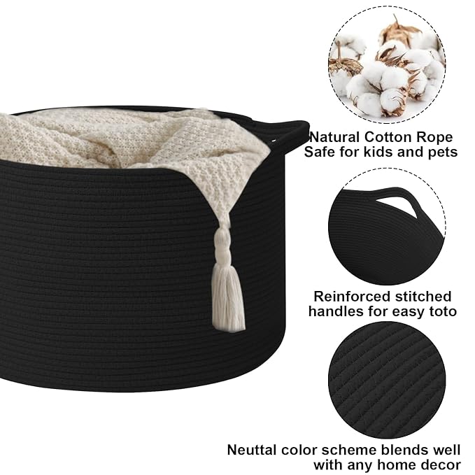 90L Extra Large Blanket Basket,Woven Rope Laundry Basket-Black | Collapsible, reinforced handles, nursery storage bin organizes clothes, toys and pillows for living room, bedroom bathroom