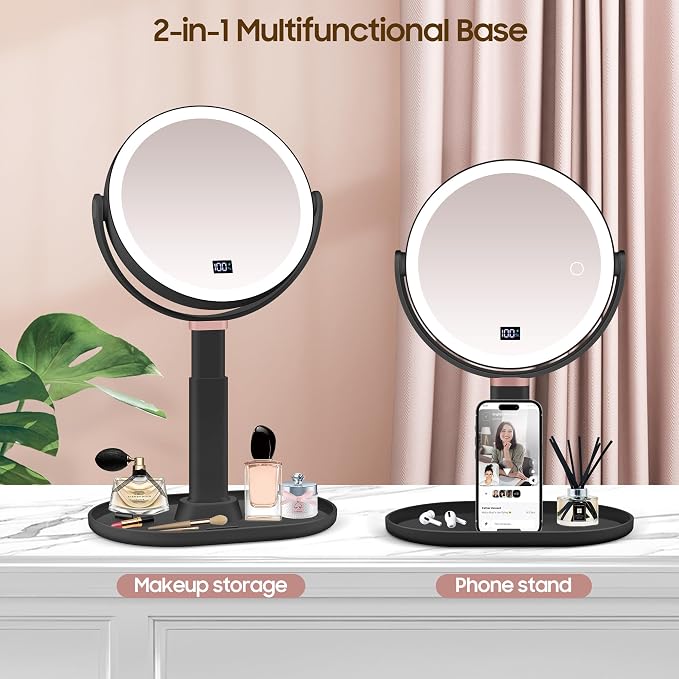 GOMIPURU Makeup Magnifying Mirror with Light 30X/1X, Digital Display, 2-Sided Touch Control, Makeup Mirror with 3 Color Lights,360° Rotate, Height Adjustable Lighted Magnifying Mirrors for Desk Travel