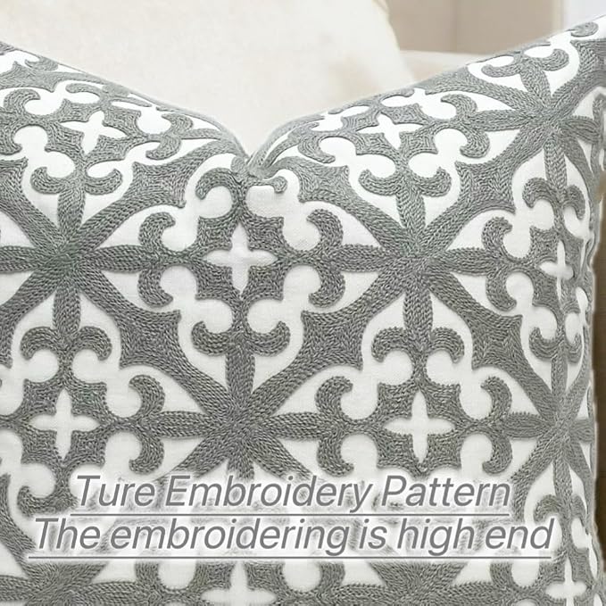Slow Cow Embroidery Decorative Throw Pillow Cover Grey Kaleidoscope Design Pattern Cushion Cover 18 x 18 Inches