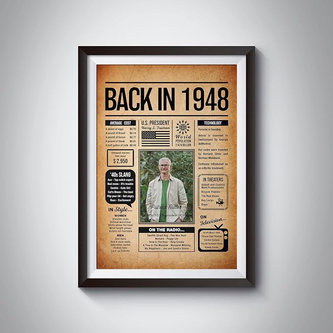 Back in 1948 Poster Sign, Personalized Birthday Gifts Idea, Custom 1948 Historical Birthday Newspaper, Born in 1948 Birthday Party Decorations, Fun Fact for the Day You Were Born, Decor Art Print