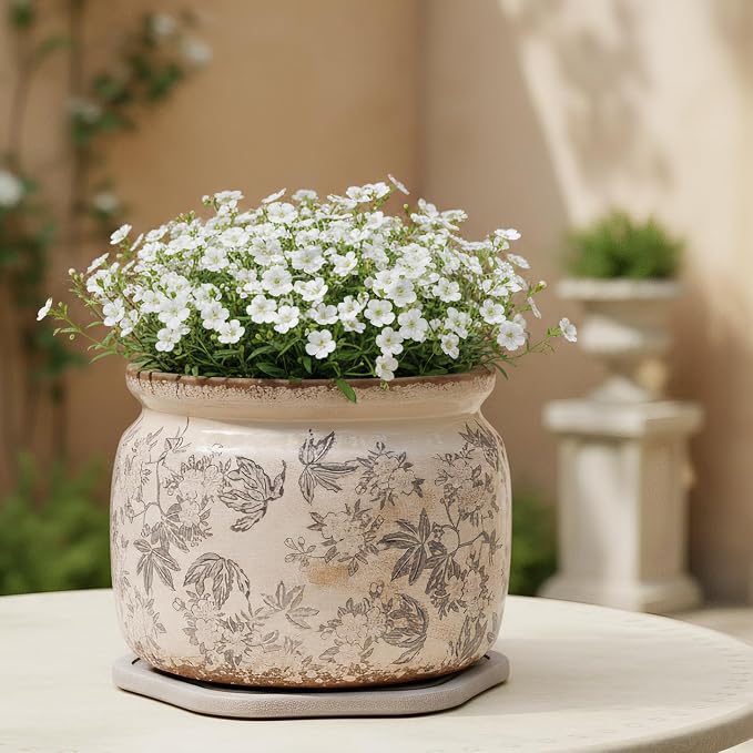 Farmhouse Ceramic Plant Pots with Decorative Saucer, Gifts for Plant Lovers | 7.7" Large Grey Flower Pot for Indoor Plants, Handmade Rustic Ice Crackle Planter, Vintage Antique Home Decor, Gardening Gift