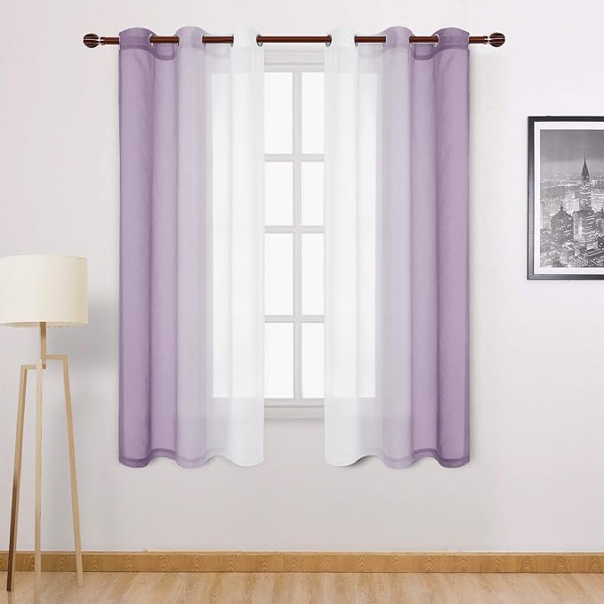 DWCN Faux Linen Ombre Short Sheer Curtains - 63 inch Length Gradient Semi Voile Curtains for Bedroom and Living Room, Set of 2 Grommet Top Window Curtain Panels, 42 x 63 Inches Long, Lavender