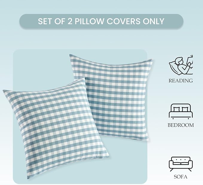 Farmhouse Light Dusty Blue Gingham Throw Pillow Covers 20x20 Set of 2 | 20 x 20 Blue Outdoor Throw Pillows, Outdoor Pillows for Patio Furniture Front Porch, Blue and White Outside Decorative Pillow