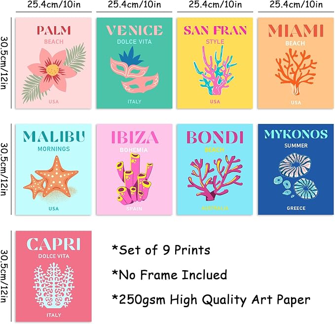 Whaline 9Pcs Preppy Travel Wall Art Prints Colorful Abstract Aesthetic Preppy Room Decor Minimalist Art Poster Decor for Teen Girls Bedroom Pink College Dorm Room Posters(UNFRAMED 10x12in)