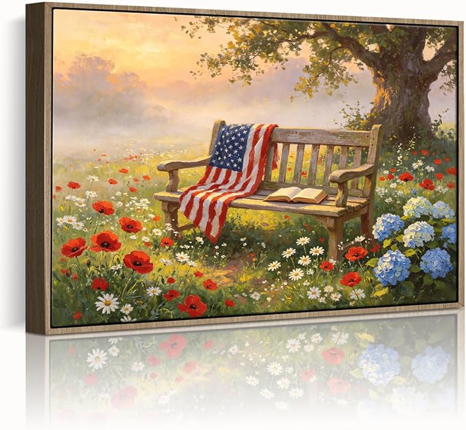 American Flag Framed Canvas Wall Art, 4th of July Patriotic Canvas Prints | Wildflower Landscape Poster Print, Vintage Rustic Independence Day Wall Decor for Bedroom Living Room Office 20×24in