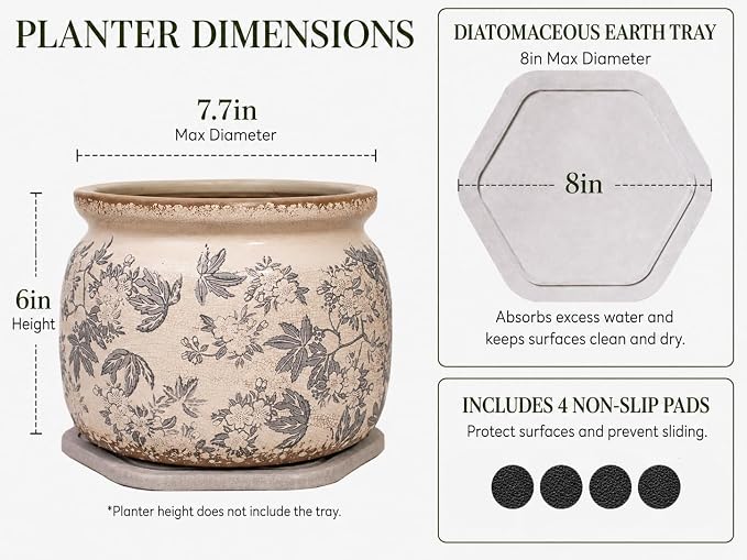 Farmhouse Ceramic Plant Pots with Decorative Saucer, Gifts for Plant Lovers | 7.7" Large Grey Flower Pot for Indoor Plants, Handmade Rustic Ice Crackle Planter, Vintage Antique Home Decor, Gardening Gift