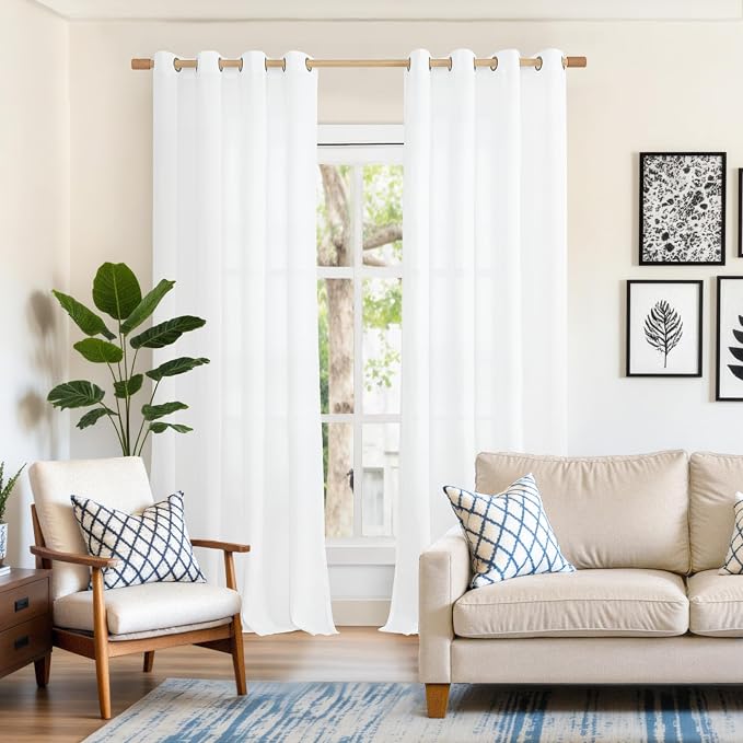 Extra Long White Linen Semi Sheer Curtains 90 Inch Length 2 Panels | Light Filtering Drapes with Bronze Grommet Textured for Bedroom Dining Living Room, 52 x 90 Inch