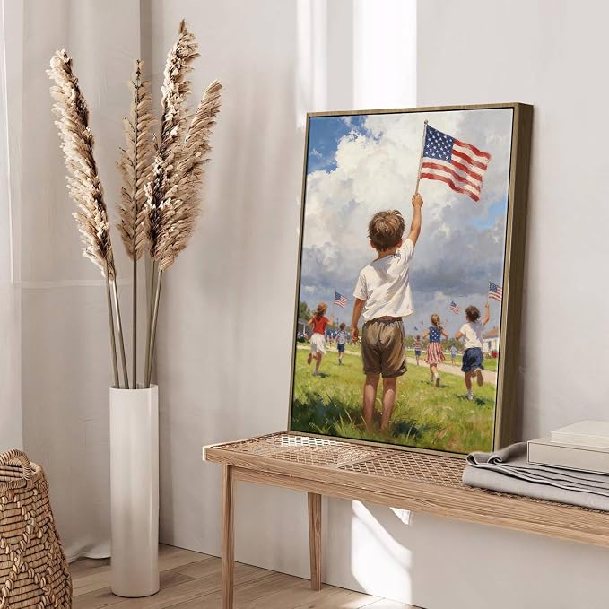 American Flag Framed Canvas Wall Art, 4th of July Patriotic Canvas Prints | Boy Holding USA Flag Poster Print, Modern Independence Day Wall Decor for Living Room Kids Room Dining Room Office 8×10in