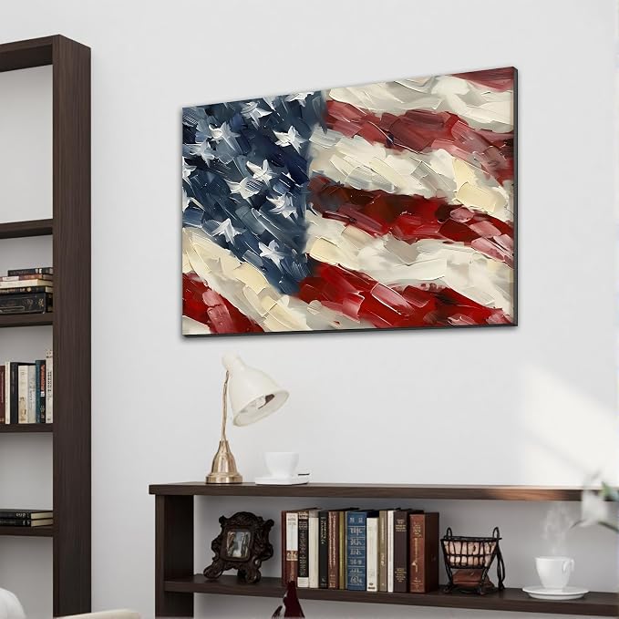 Framed Vintage Distressed American Flag Wall Art, Patriotic Canvas Art Pictures, USA Retro Wall Decor, Made in USA Ready to Hang for Living Room Garage Bar