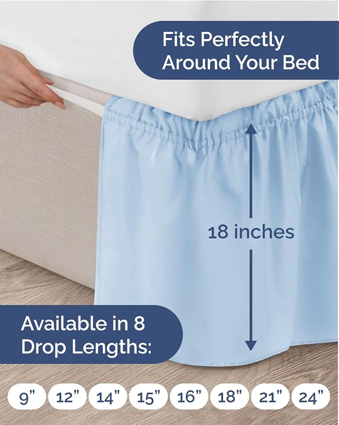 Wrap Around Dust Ruffle Bed Skirt, Queen Size - 18 Inch Drop, Light Blue | Easy Fit Elastic Strap, Adjustable Pleated Bedskirt w/Brushed Fabric, Wrinkle & Fade Free, for Women, Men, Kids & Teens