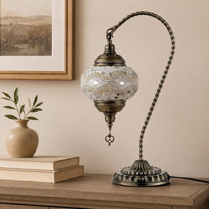 GOGERS Swan Neck Turkish Moroccan Lamp Handmade Stained Mosaic Glass Vintage Lamp Shade Bohemian Tiffany Style Bedside Night Lamp Lighting for Bedroom Living Room (White Golden)