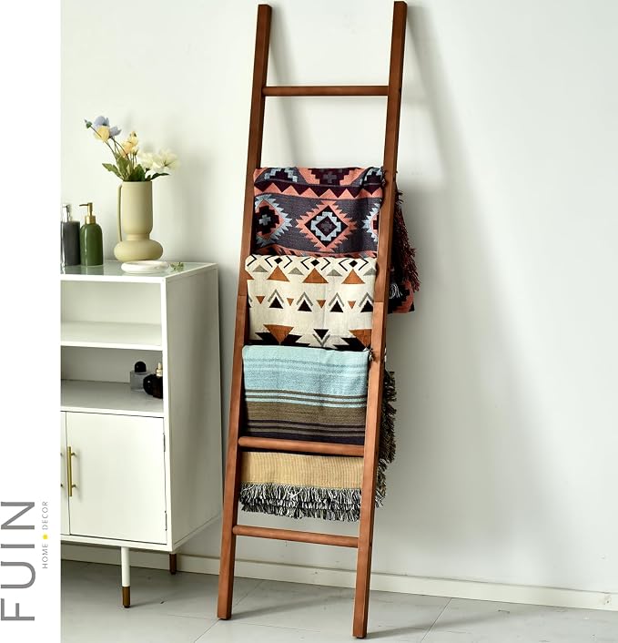 FUIN Blanket Ladder, 6ft Rustic Solid Wood Rectangle Decor Rack, Brown | 6 rungs, farmhouse quilt display holder, organize towel and clothing, leaning wall, decorative living room and bathroom